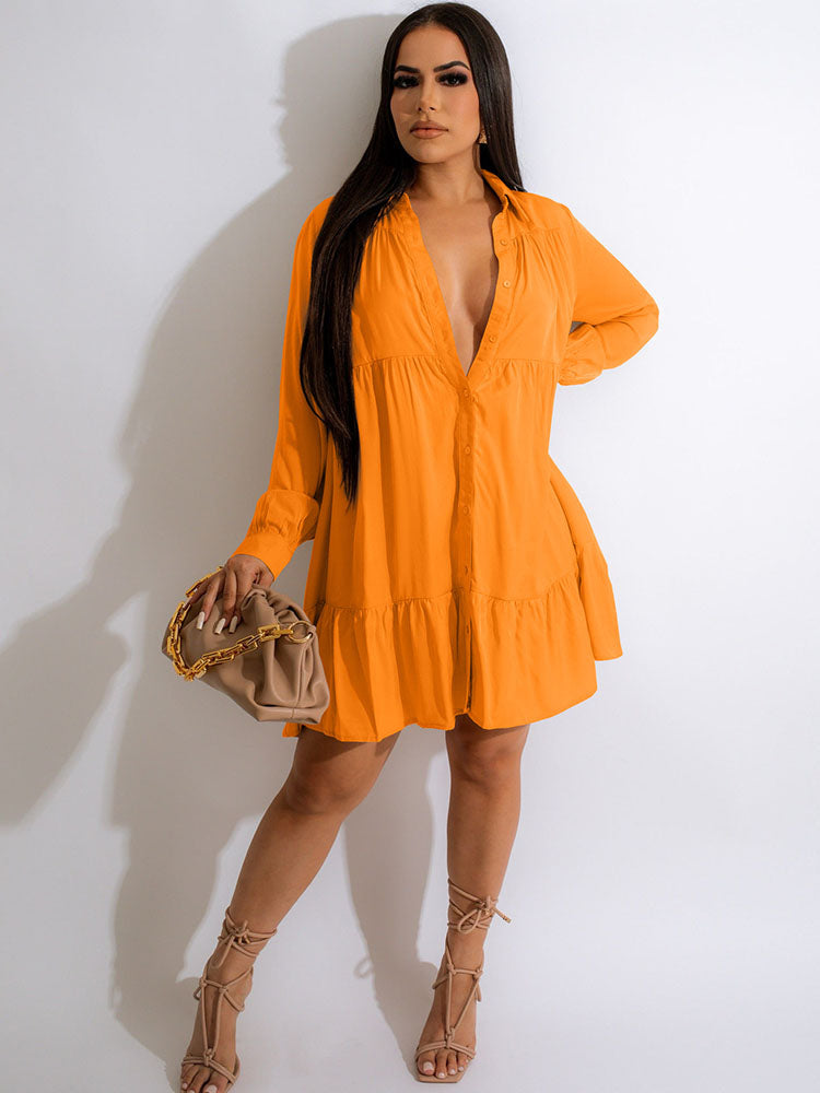 Long Sleeves Ruffle Hem Mini Shirt Dresses Tiynon