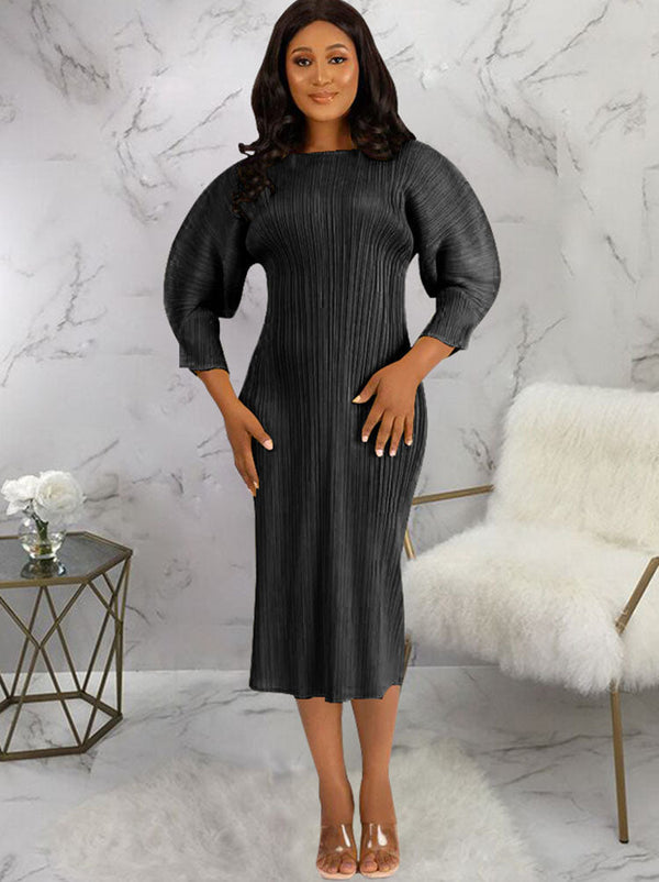 Long Sleeves Solid Midi Dresses Tiynon