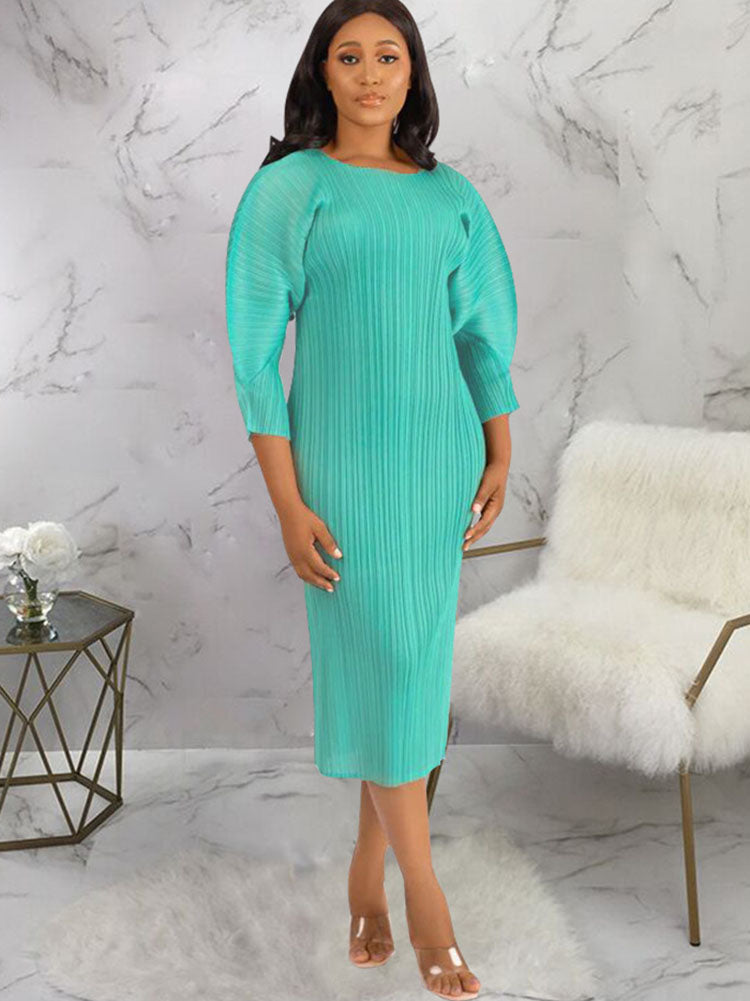 Long Sleeves Solid Midi Dresses Tiynon