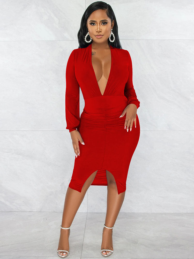 Long Sleeves Split Bodycon Midi Dresses Tiynon