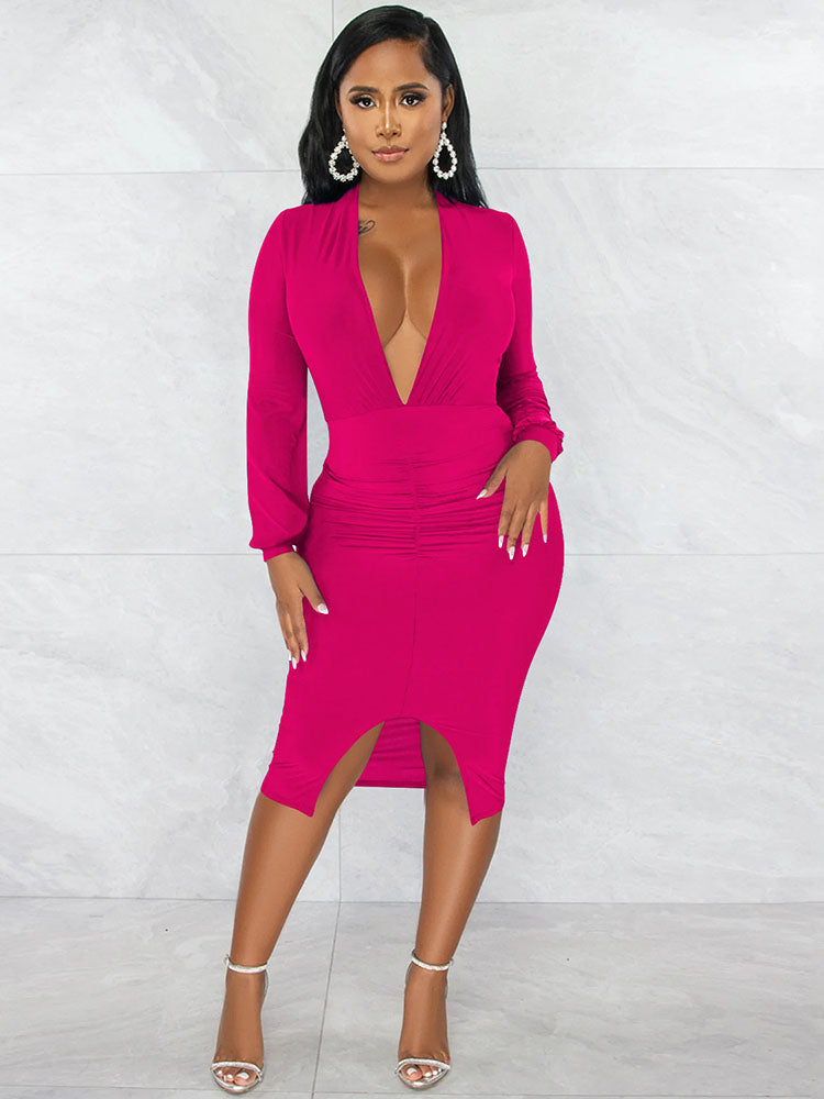 Long Sleeves Split Bodycon Midi Dresses Tiynon