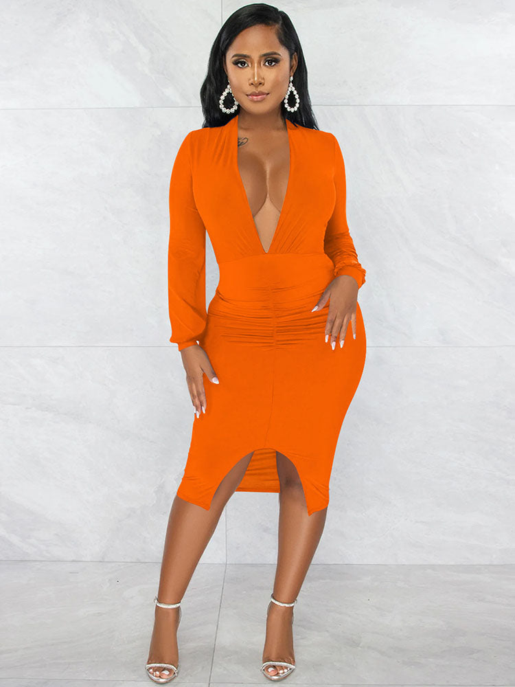 Long Sleeves Split Bodycon Midi Dresses Tiynon