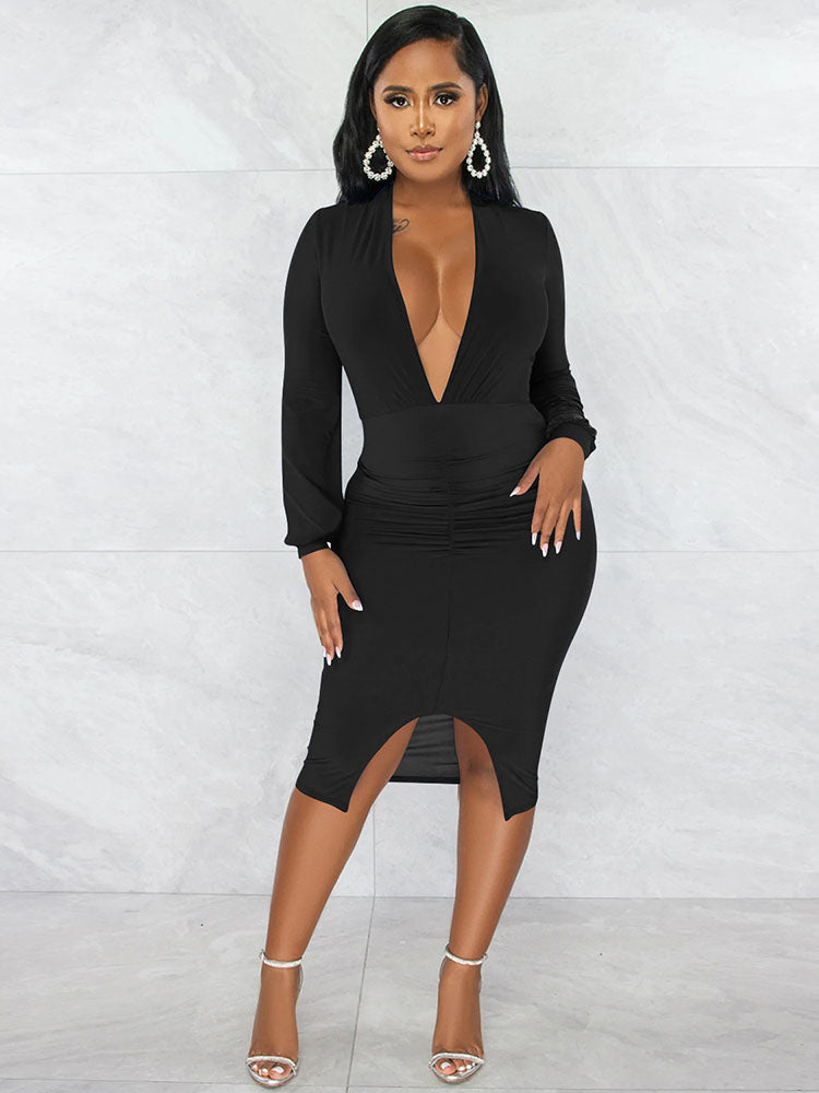 Long Sleeves Split Bodycon Midi Dresses Tiynon