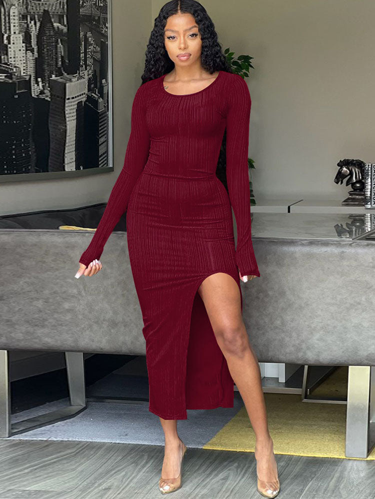 Long Sleeves Split Hem Midi Dresses Tiynon