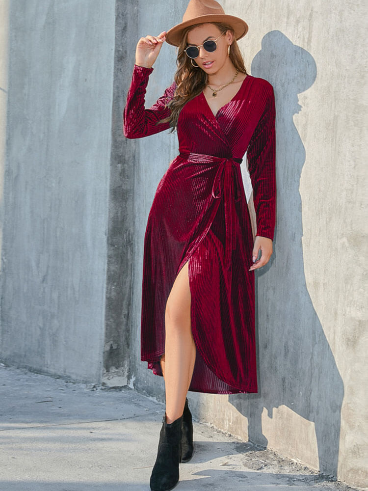 Long Sleeves Velvet Side Split Midi Dresses Tiynon