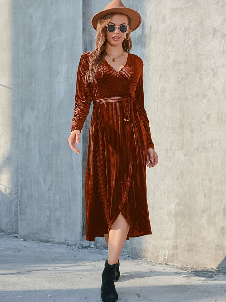 Long Sleeves Velvet Side Split Midi Dresses Tiynon