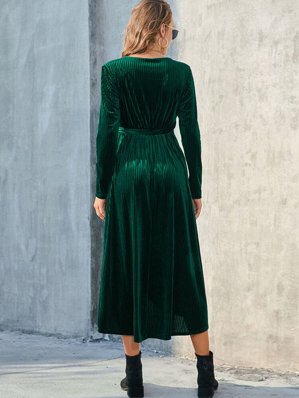 Long Sleeves Velvet Side Split Midi Dresses Tiynon