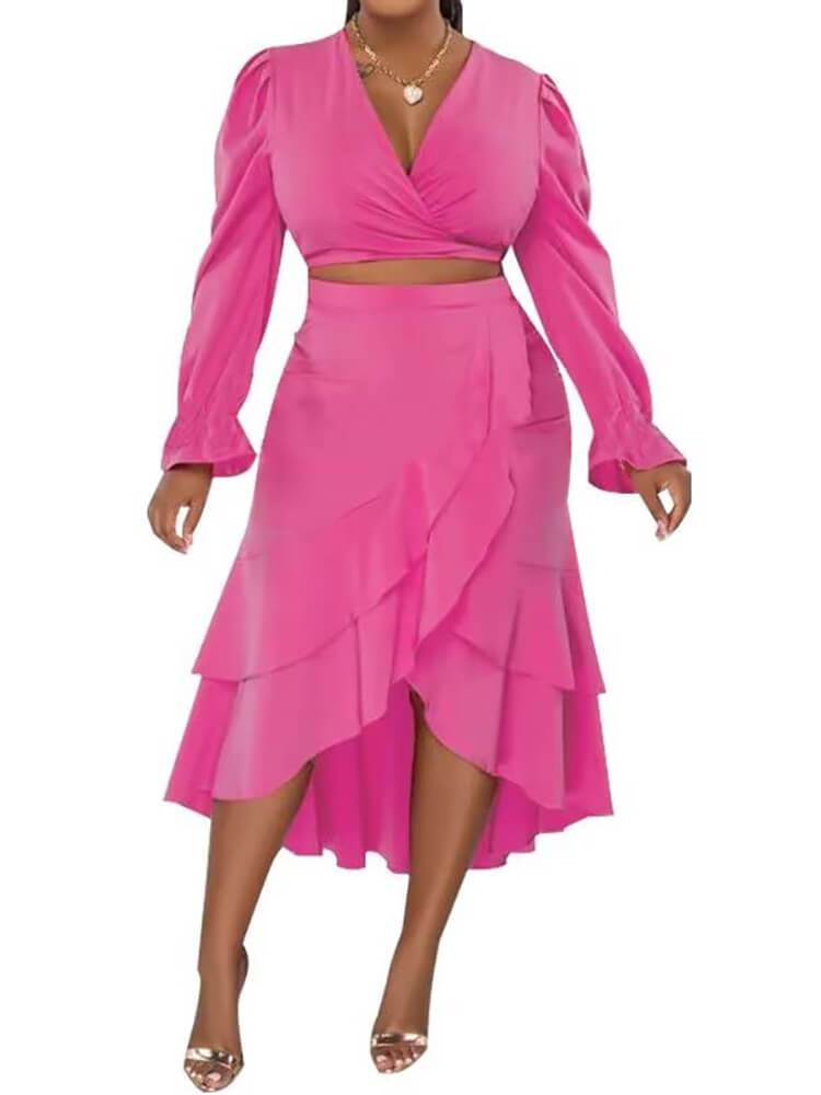 Long Trumpet Sleeve Strappy Crop Top & Ruffle Midi Skirt Tiynon