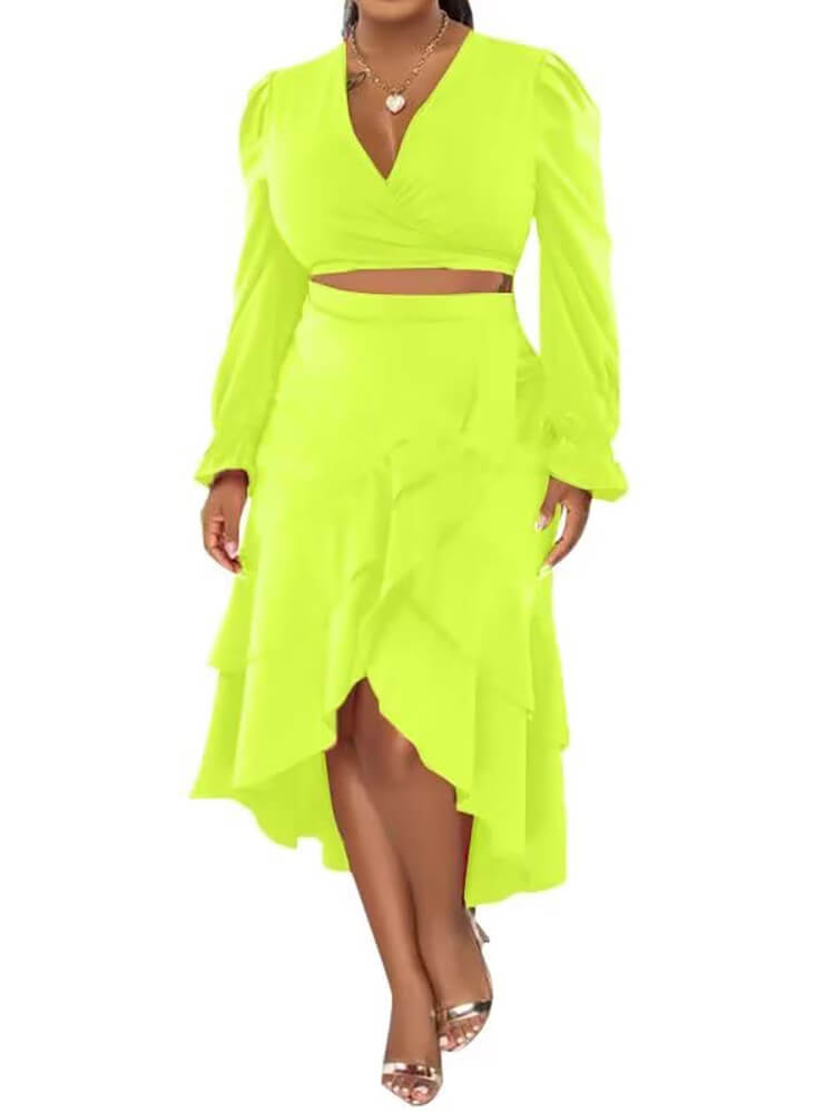 Long Trumpet Sleeve Strappy Crop Top & Ruffle Midi Skirt Tiynon