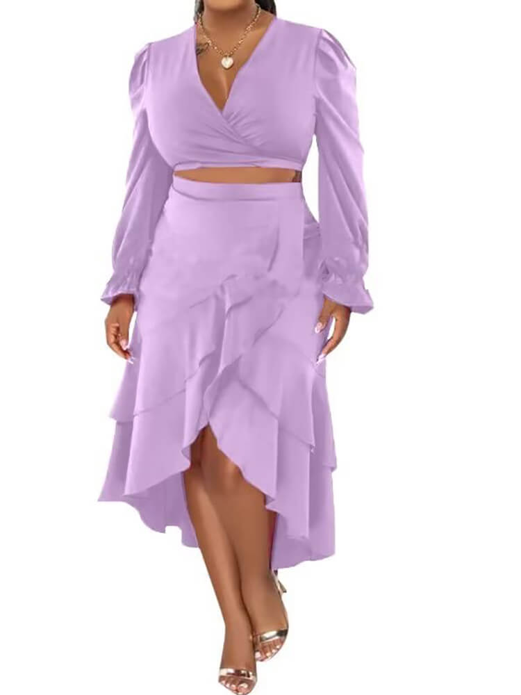 Long Trumpet Sleeve Strappy Crop Top & Ruffle Midi Skirt Tiynon