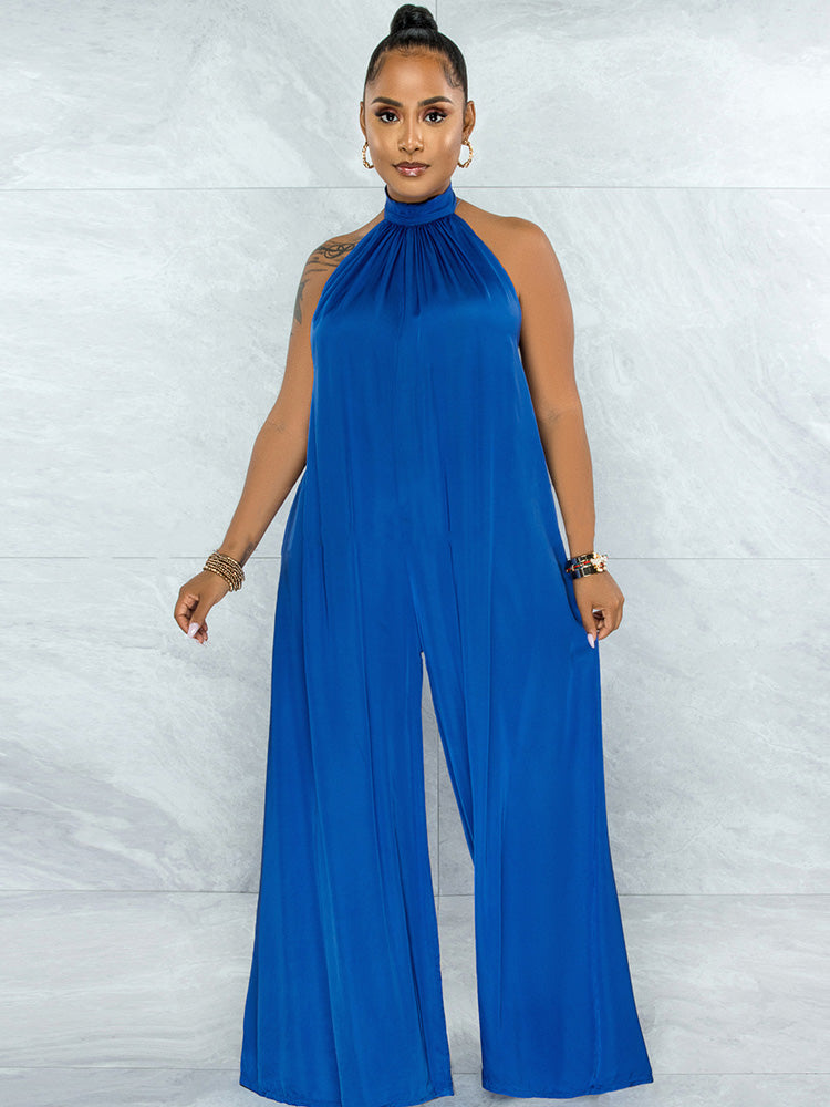 Loose Fit Halter Backless Wide Leg Jumpsuit Tiynon