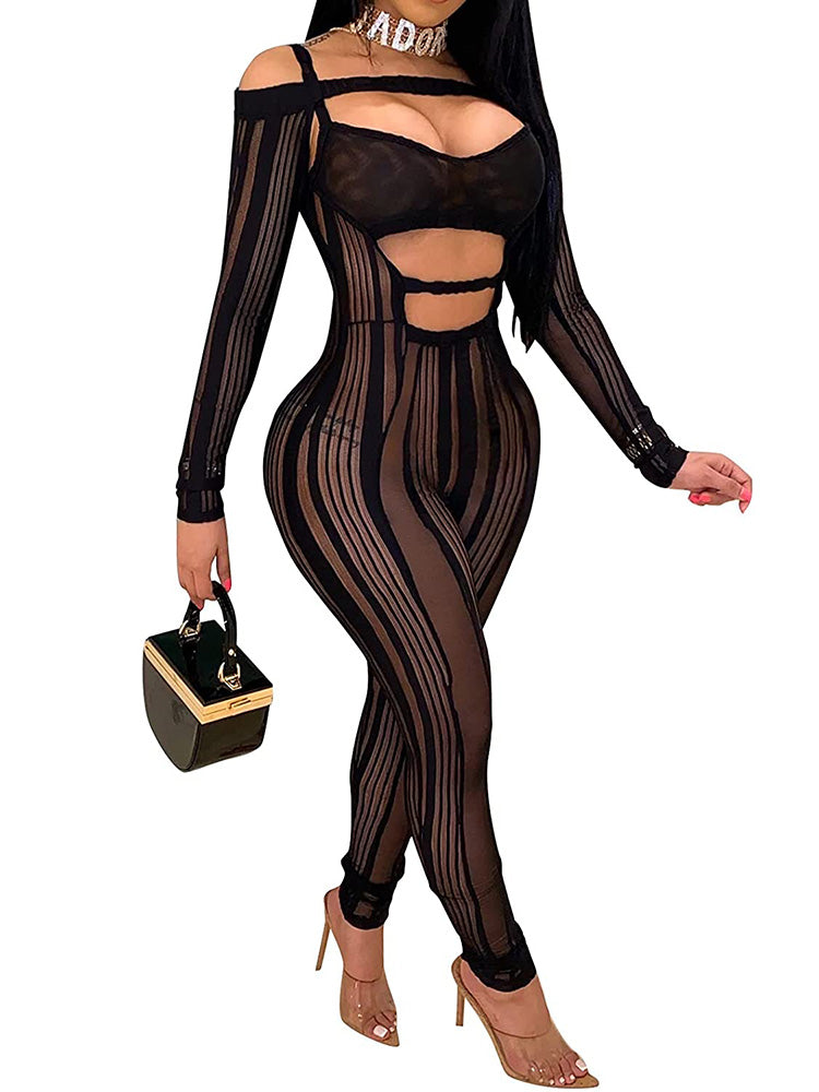 Mesh Cut Out Criss Cross Bodycon Jumpsuits Tiynon