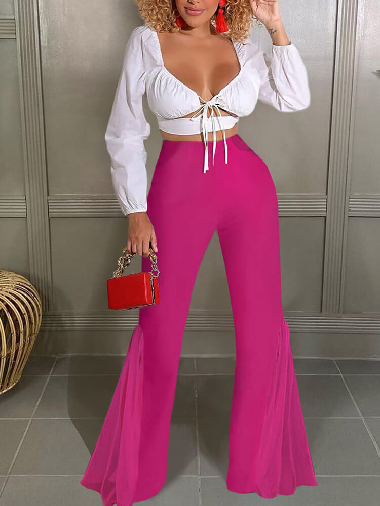 Mesh Solid Color High Waist Flare Pants Tiynon