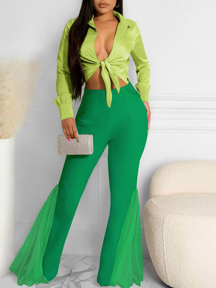 Mesh Solid Color High Waist Flare Pants Tiynon