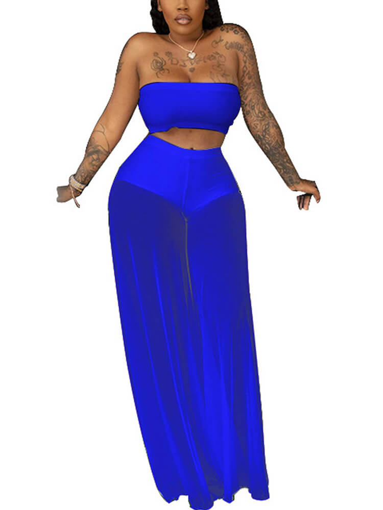 Mesh Strapless Crop Tops & Wide Leg Long Pants Tiynon