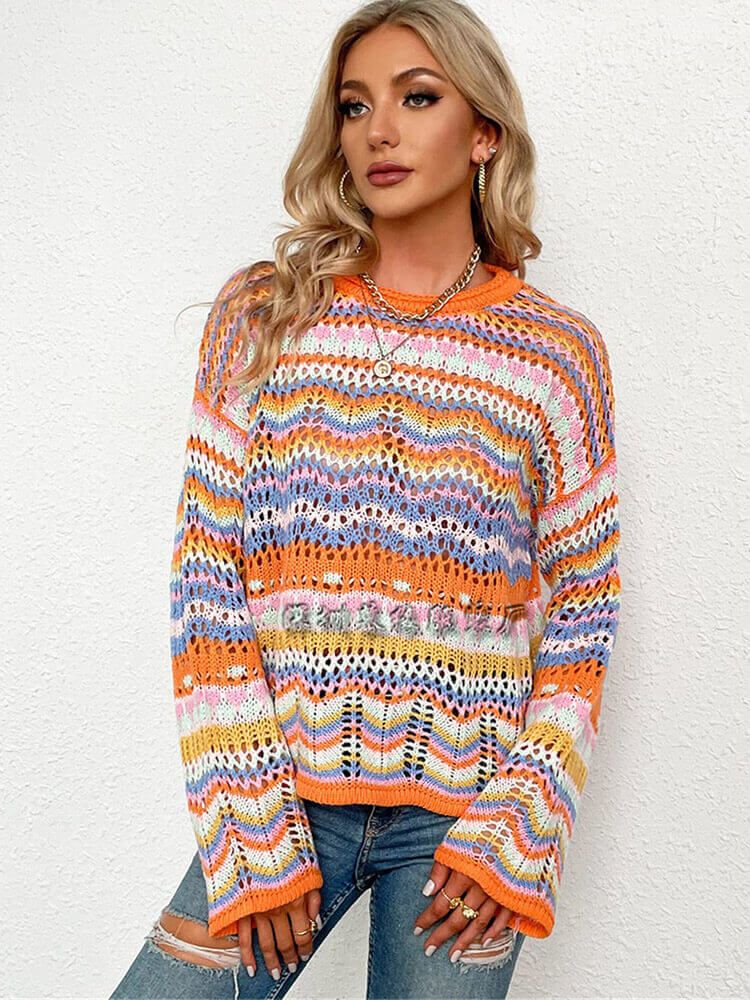 Multicolor Striped Patchwork Pullover Sweater Tiynon