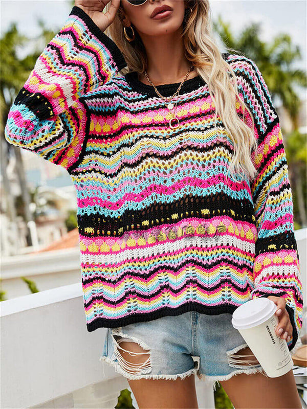 Multicolor Striped Patchwork Pullover Sweater Tiynon