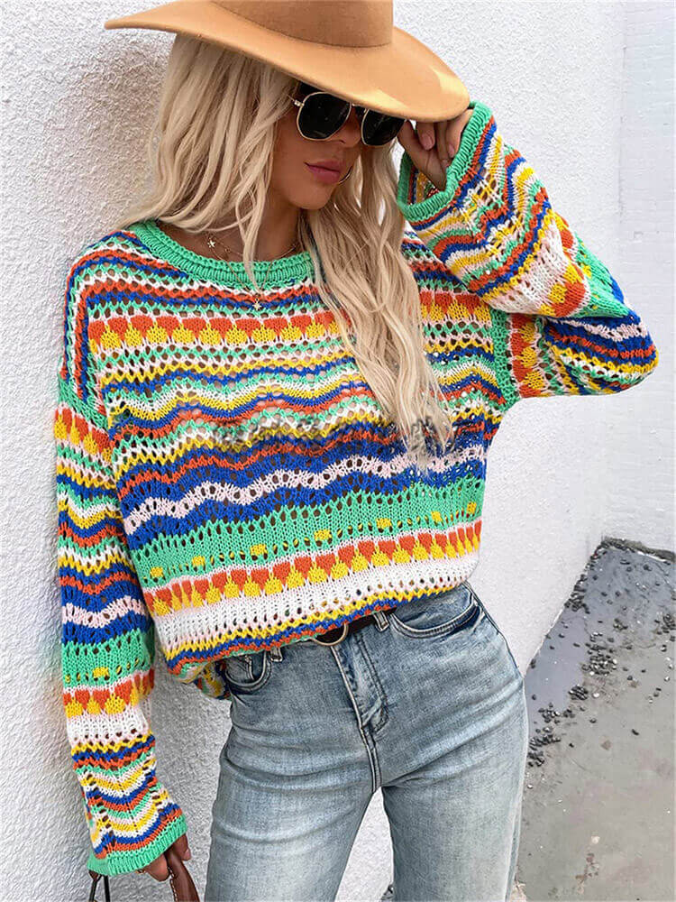 Multicolor Striped Patchwork Pullover Sweater Tiynon