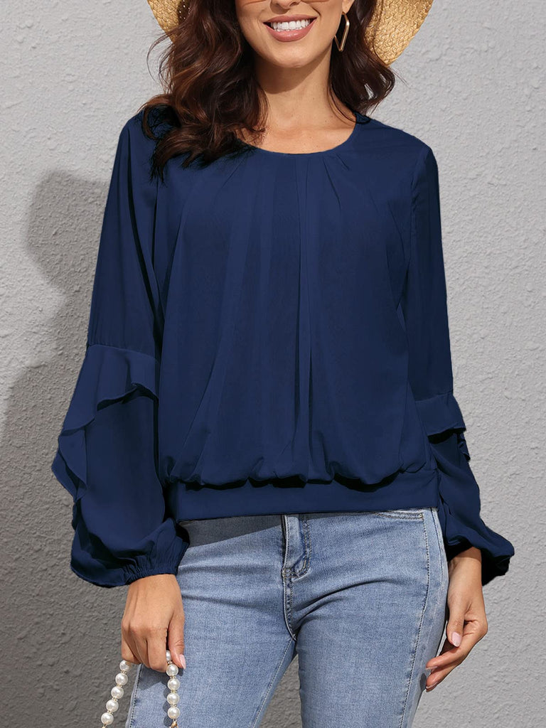 Ruffles Long Sleeve Pleated Crew Neck Top