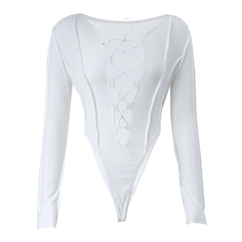 Hollow Slim Solid Color Long Sleeve Bodysuit