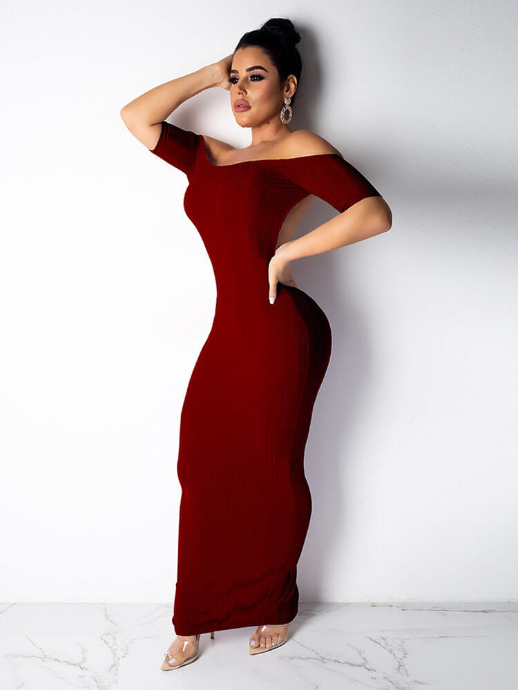 Off Shoulder Backless Rib Sheath Bodycon Maxi Dresses Tiynon