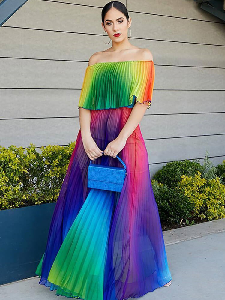 Off Shoulder Colorful Ombre Pleated Maxi Dresses Tiynon