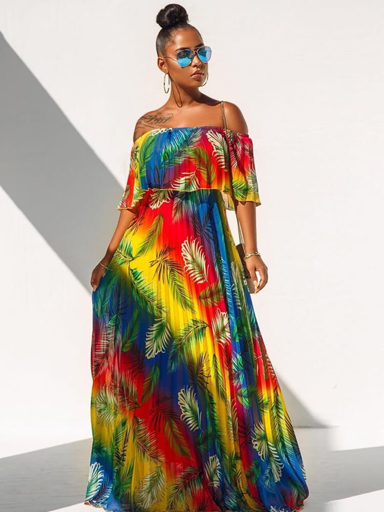 Off Shoulder Colorful Ombre Pleated Maxi Dresses Tiynon