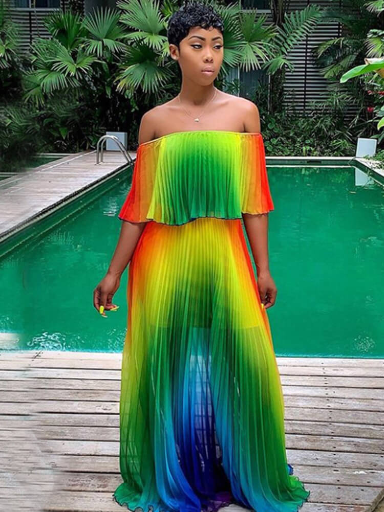 Off Shoulder Colorful Ombre Pleated Maxi Dresses Tiynon