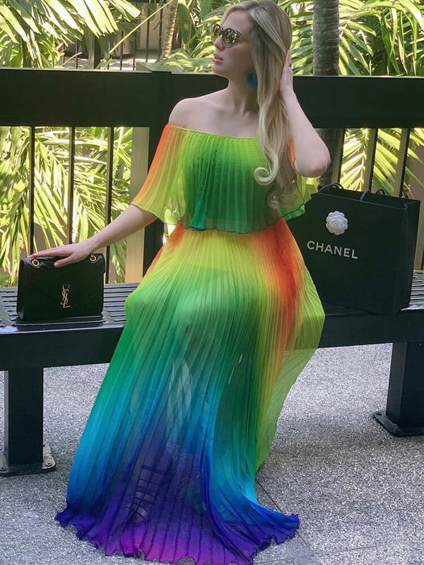 Off Shoulder Colorful Ombre Pleated Maxi Dresses Tiynon