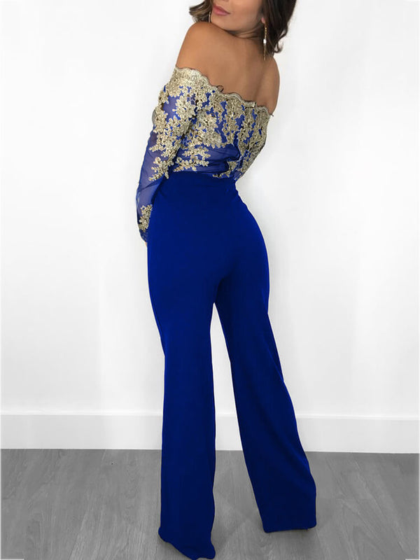 Off Shoulder Floral Lace Wide Leg Jumpsuits Tiynon