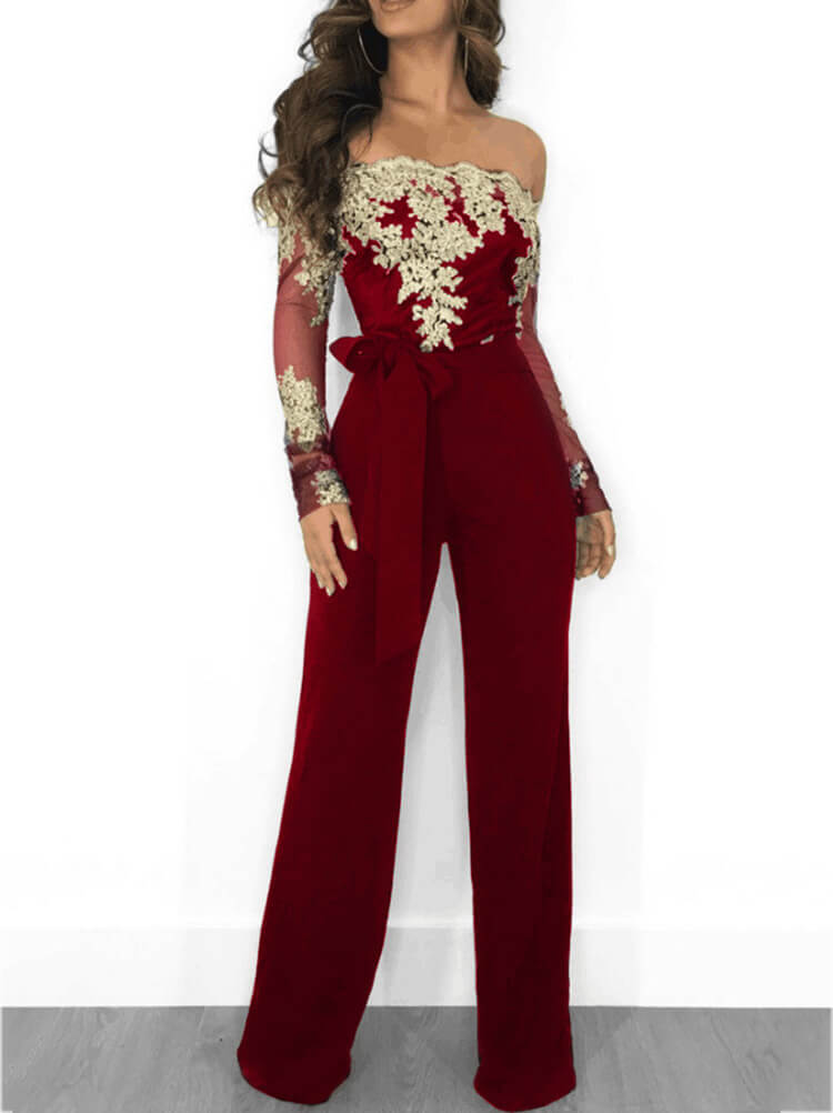 Off Shoulder Floral Lace Wide Leg Jumpsuits Tiynon