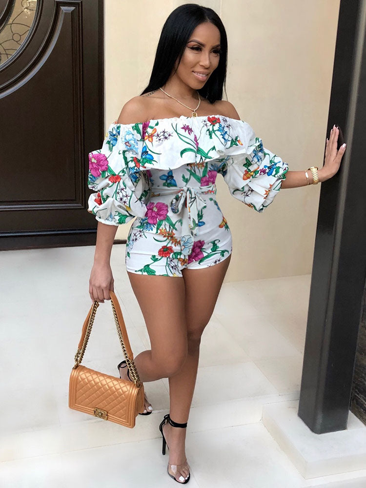 Off Shoulder Floral Print Belted Rompers Tiynon