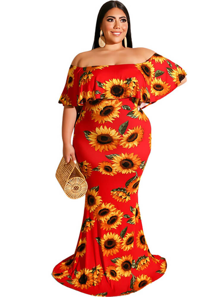 Off Shoulder Floral Print Bodycon Maxi Dresses Tiynon