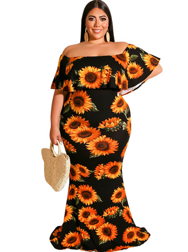 Off Shoulder Floral Print Bodycon Maxi Dresses Tiynon