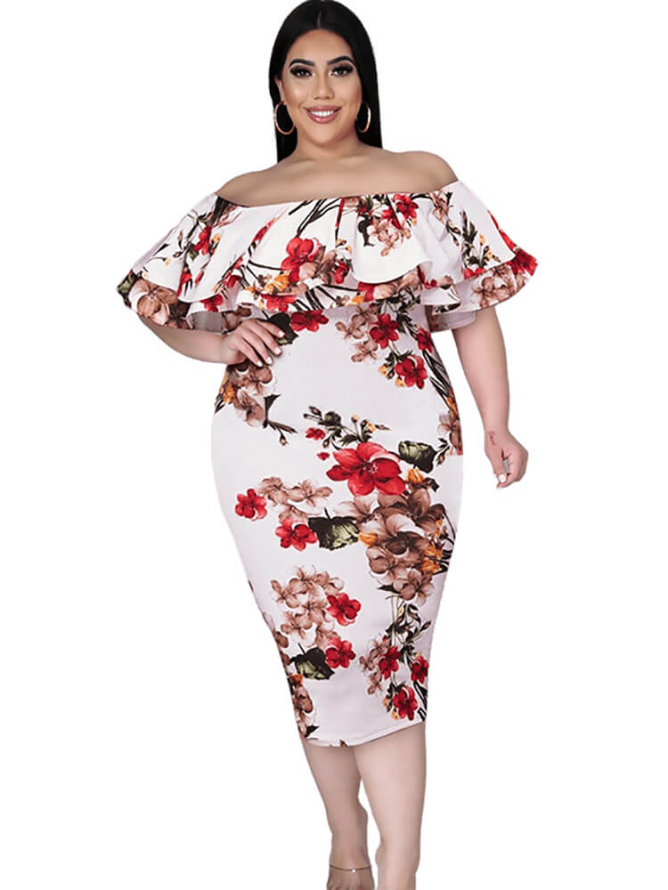 Off Shoulder Floral Print Bodycon Midi Dresses Tiynon