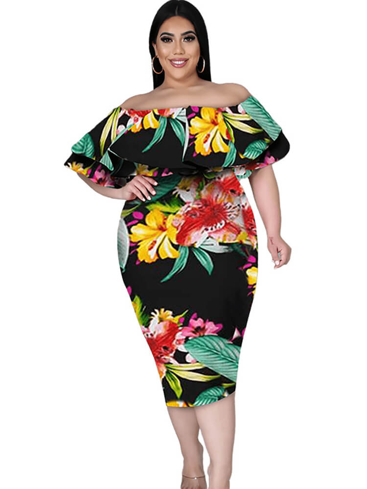 Off Shoulder Floral Print Bodycon Midi Dresses Tiynon