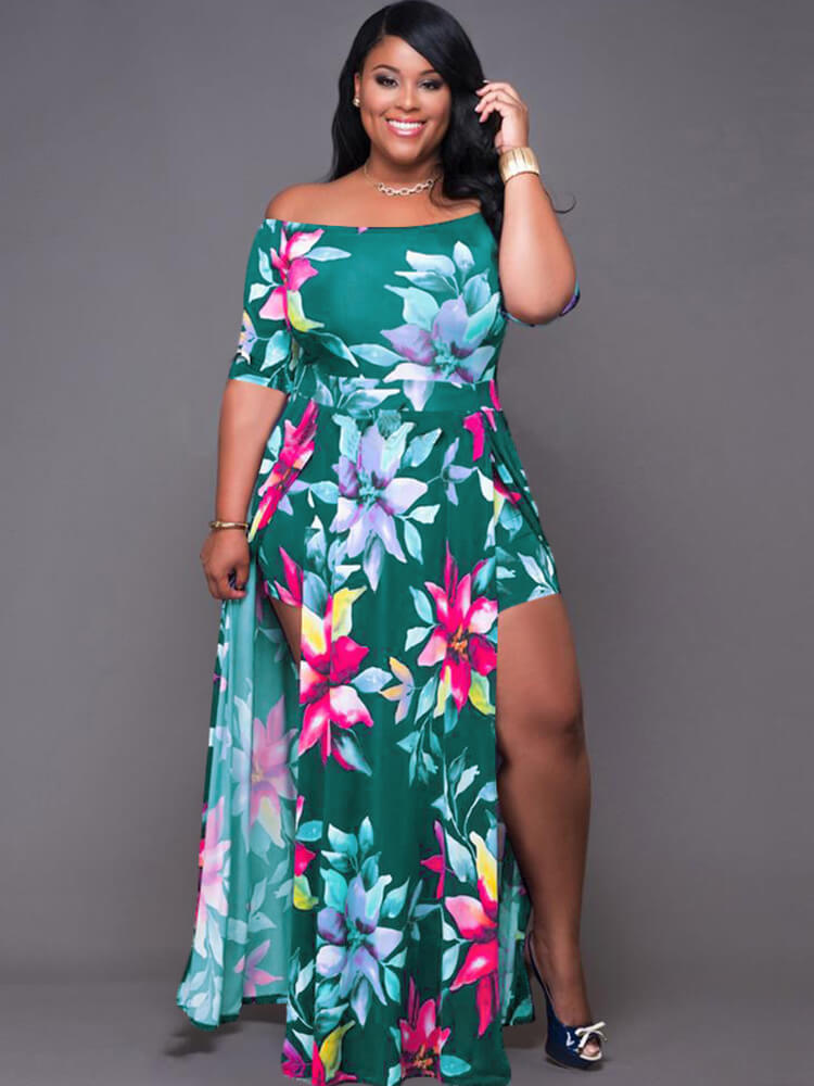 Off Shoulder Floral Print High Split Maxi Dress Tiynon