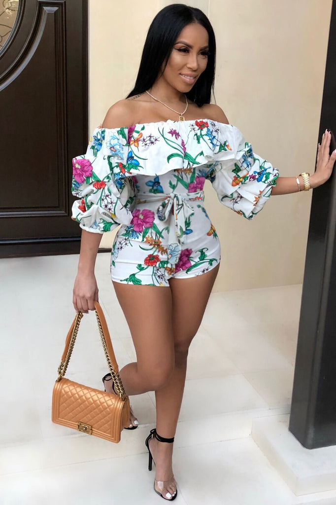 Off Shoulder Floral Rainbow Short Jumpsuits Tiynon