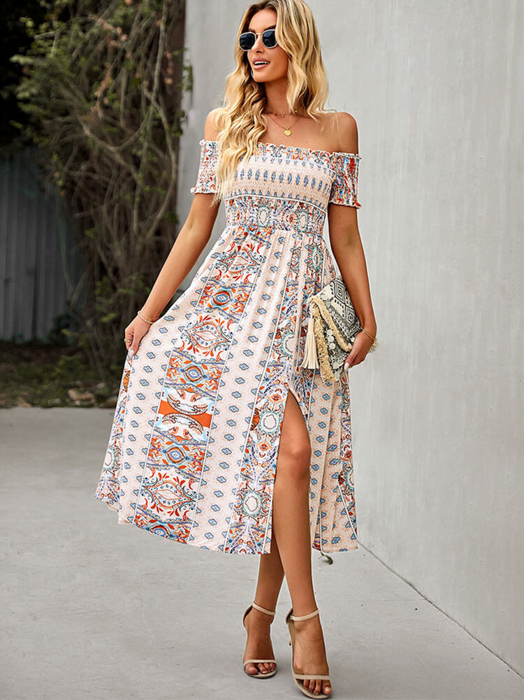 Off Shoulder High Waist Flowy Midi Dresses Tiynon