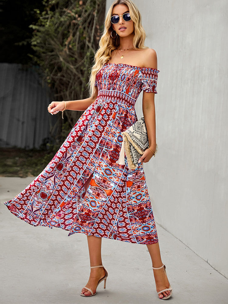 Off Shoulder High Waist Flowy Midi Dresses Tiynon