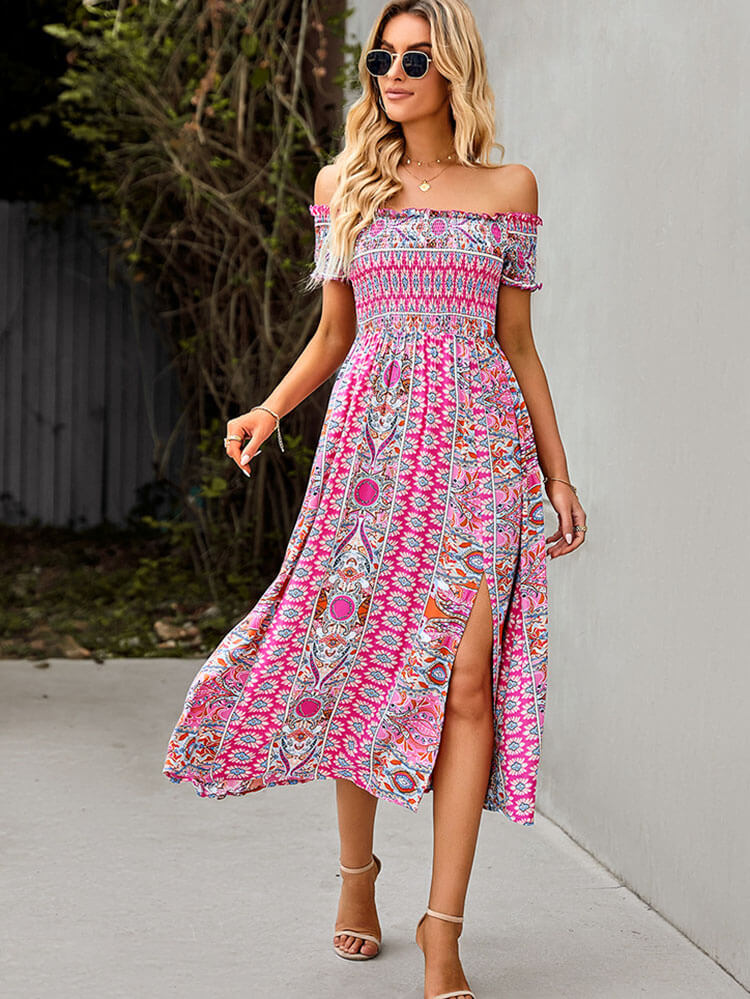 Off Shoulder High Waist Flowy Midi Dresses Tiynon