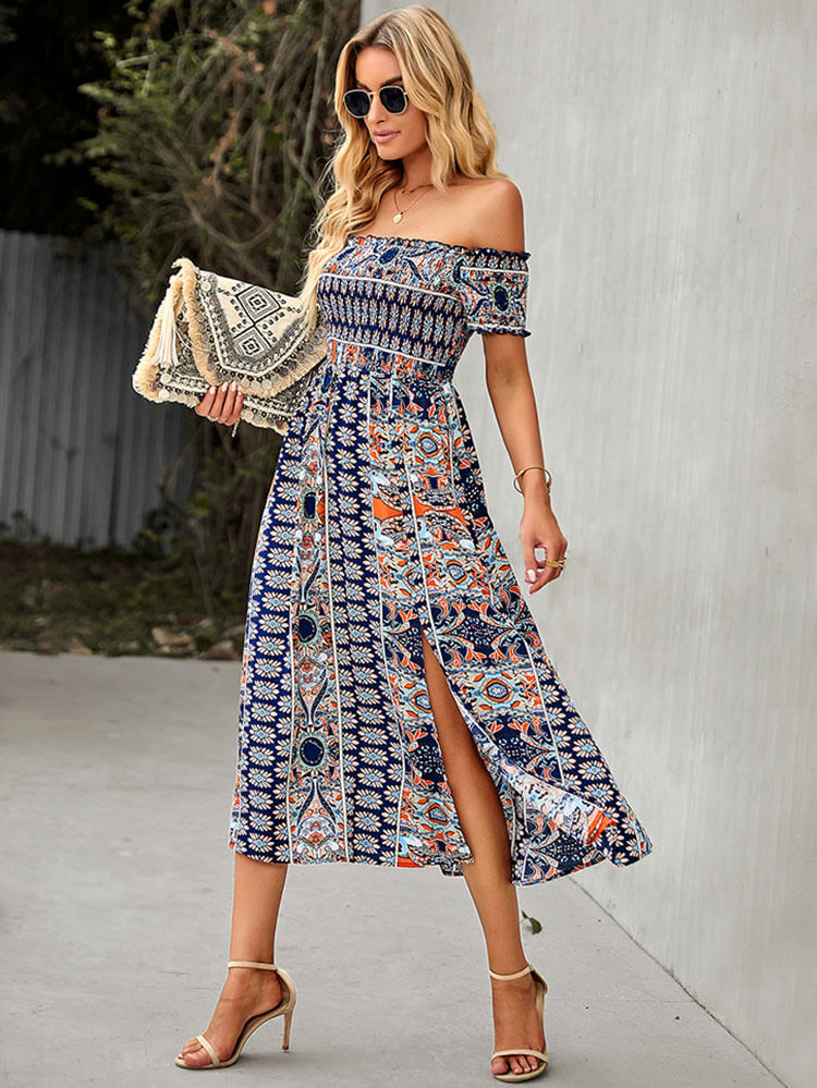 Off Shoulder High Waist Flowy Midi Dresses Tiynon