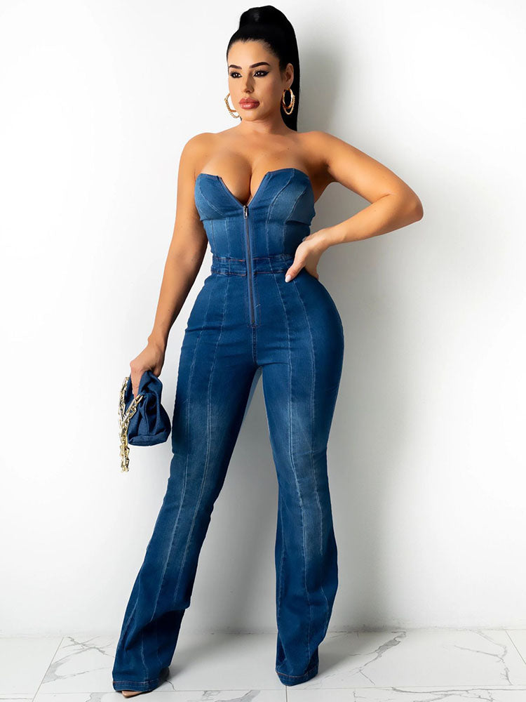 Off Shoulder Lace Up Denim Rompers Tiynon