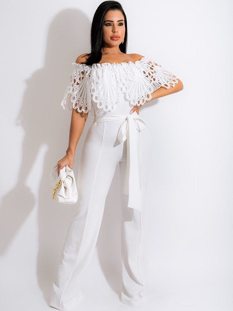 Off Shoulder Lace Wide Leg Rompers Tiynon