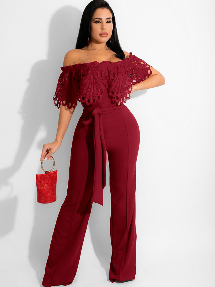 Off Shoulder Lace Wide Leg Rompers Tiynon