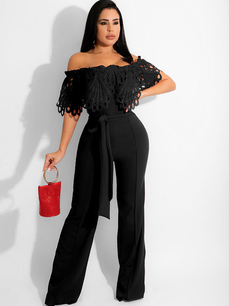 Off Shoulder Lace Wide Leg Rompers Tiynon