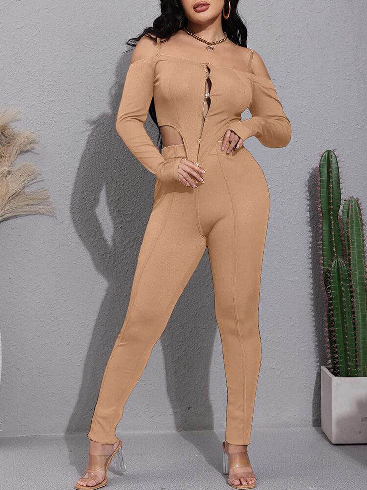 Off Shoulder Long Sleeve Crop Top Long Pant Suits Tiynon