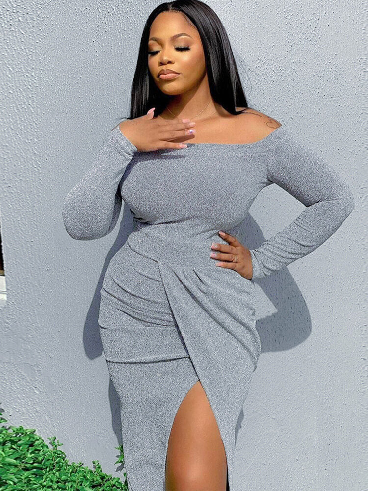 Off Shoulder Long Sleeve Split Midi Dress Tiynon