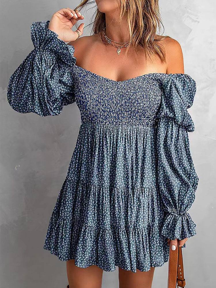 Off Shoulder Long Sleeves Ruffle Hem Mini Dresses Tiynon