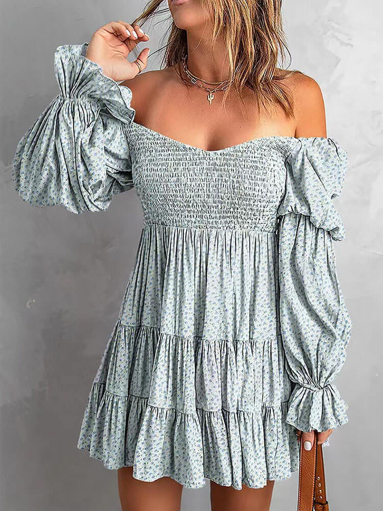 Off Shoulder Long Sleeves Ruffle Hem Mini Dresses Tiynon